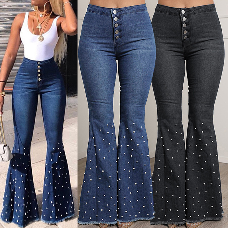 Y2K Rhinestone Printed Flared Jeans Women Retro Pants Harajuku Baggy Denim Trouser Cute Streetwear Denim Wide Leg Skinny Jeans
